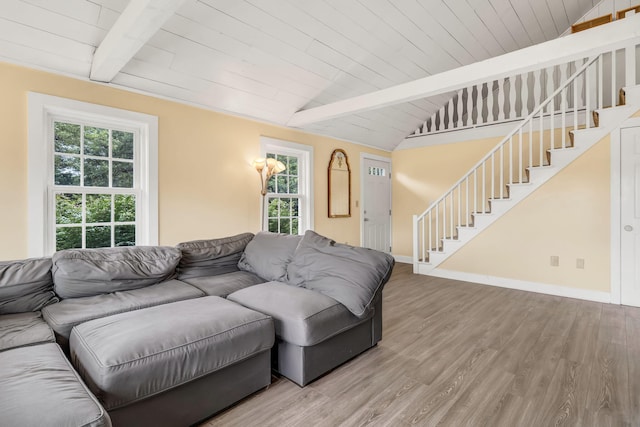 1511 Alna Rd, Alna, ME 04535 - living room with stairs, plenty of natural light, wood finished floors, and wooden ceiling