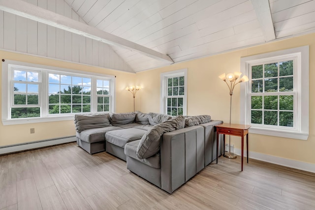 1511 Alna Rd, Alna, ME 04535 - living room featuring baseboard heating, light wood-style flooring, and wooden ceiling