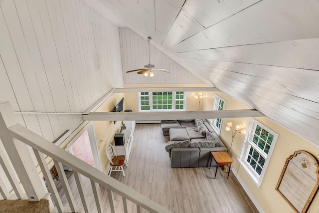 1511 Alna Rd, Alna, ME 04535 - living room with vaulted ceiling, wood finished floors, and ceiling fan