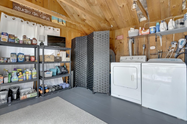 12 Maple St, Bath, ME 04530 - laundry room featuring wooden walls, independent washer and dryer, and wooden ceiling