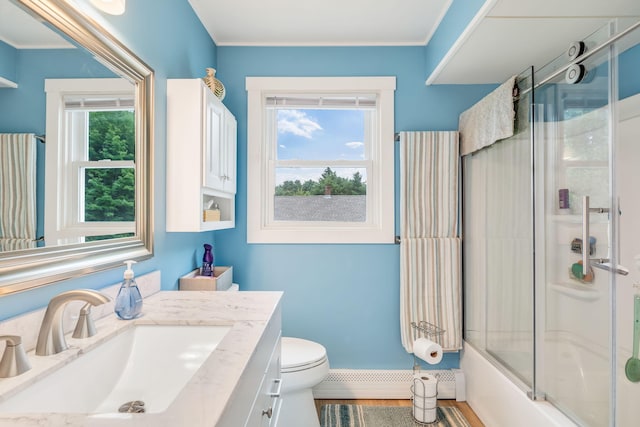 233 Northern Ave, Augusta, ME 04330 - bathroom featuring a baseboard heating unit, vanity, and enclosed tub / shower combo