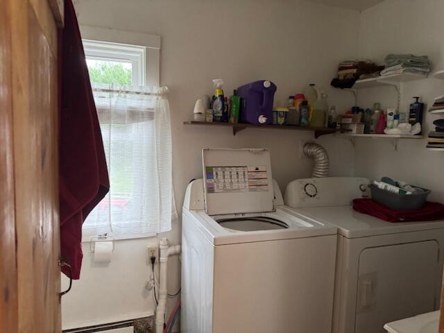 152 Cross Rd, Alna, ME 04535 - washroom featuring washer and dryer and baseboard heating