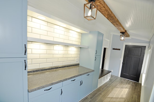 56 Holyoke St, Brewer, ME 04412 - kitchen with beamed ceiling, backsplash, and wood finished floors