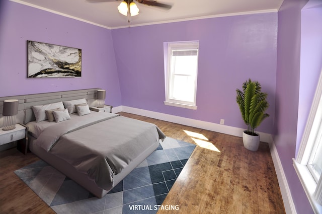 56 Holyoke St, Brewer, ME 04412 - bedroom featuring wood finished floors, multiple windows, ornamental molding, and ceiling fan