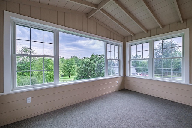 704 Brighton Hill Rd, Minot, ME 04258 - unfurnished sunroom with wood walls, healthy amount of natural light, carpet floors, and wood ceiling