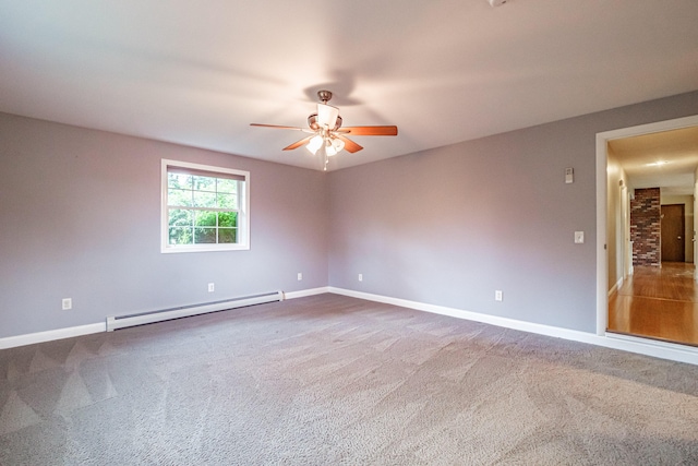 704 Brighton Hill Rd, Minot, ME 04258 - carpeted empty room with a baseboard heating unit and a ceiling fan