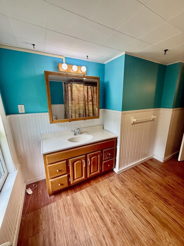 69 Lafayette St, Calais, ME 04619 - bathroom featuring wainscoting, wood finished floors, vanity, and wood walls