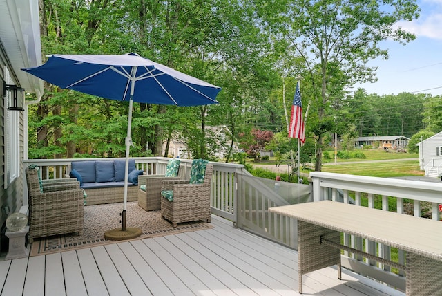 68 Appletree Ln, Wells, ME 04090 - deck featuring an outdoor living space and view of wooded area