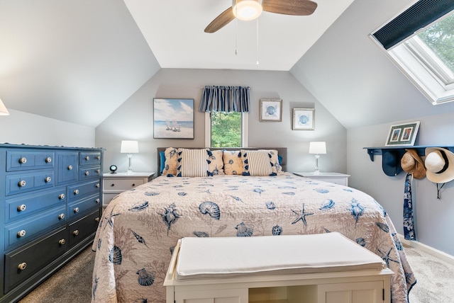 68 Appletree Ln, Wells, ME 04090 - carpeted bedroom with vaulted ceiling, ceiling fan, and a skylight