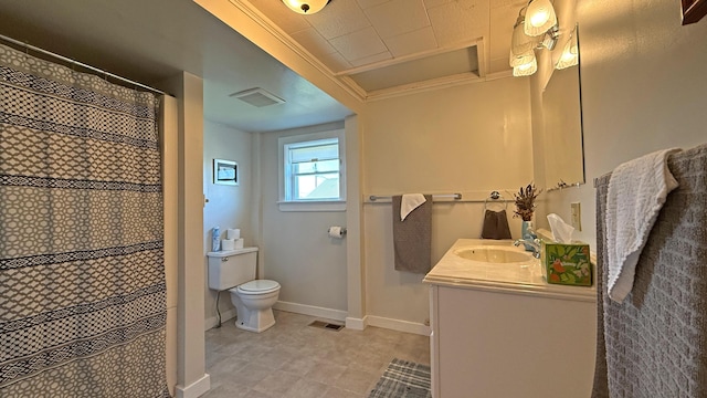 9 County Rd, Lubec, ME 04652 - full bath featuring vanity, crown molding, tile patterned floors, and a shower with curtain