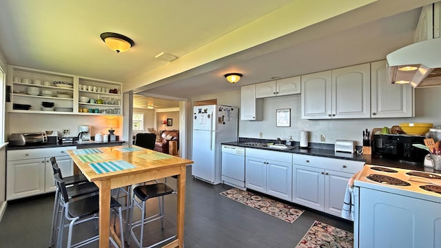 9 County Rd, Lubec, ME 04652 - kitchen featuring white appliances, extractor fan, white cabinetry, and dark countertops