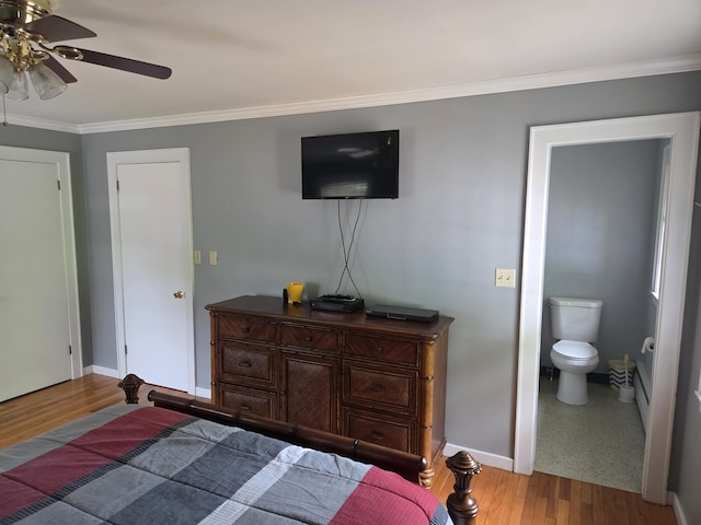 125 Connecticut Ave, Millinocket, ME 04462 - bedroom with ornamental molding, light wood-style floors, ceiling fan, and ensuite bath
