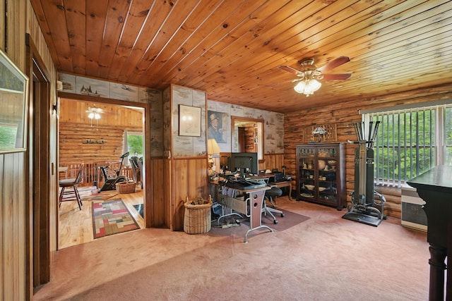 23 Mccutcheon Way, Sidney, ME 04330 - carpeted office space with a ceiling fan, wood ceiling, and rustic walls