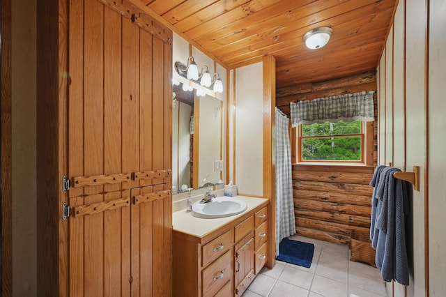 23 Mccutcheon Way, Sidney, ME 04330 - full bathroom with log walls, vanity, wooden ceiling, tile patterned floors, and a shower with curtain