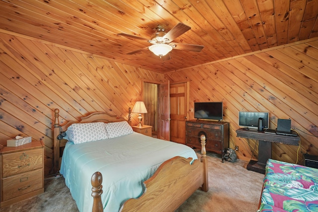 23 Mccutcheon Way, Sidney, ME 04330 - carpeted bedroom with wood ceiling, wooden walls, and ceiling fan