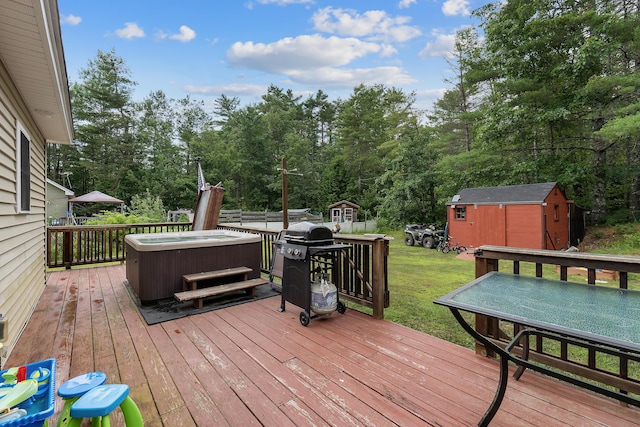 504 Balch Mill Rd, Newfield, ME 04095 - wooden terrace with a hot tub, a shed, area for grilling, and a lawn