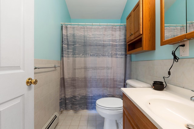 504 Balch Mill Rd, Newfield, ME 04095 - bathroom with tile walls, a baseboard radiator, tile patterned floors, vanity, and a shower with curtain