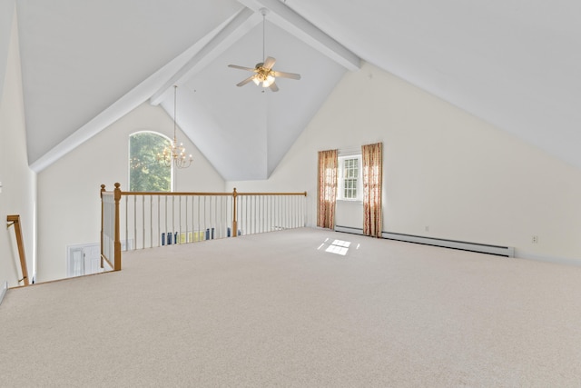 17 Tuttle Ln, Wells, ME 04090 - bonus room featuring baseboard heating, beamed ceiling, carpet floors, a ceiling fan, and a chandelier