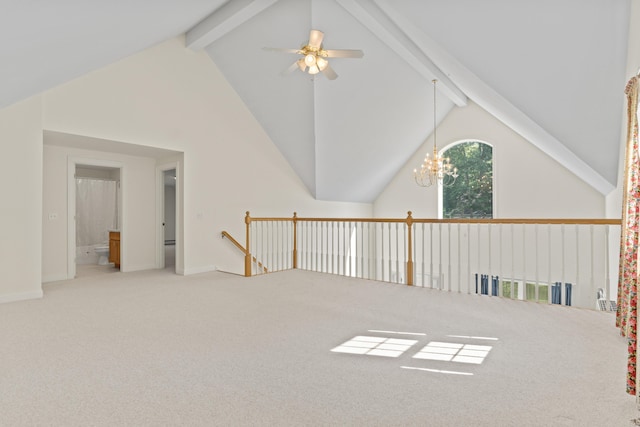 17 Tuttle Ln, Wells, ME 04090 - additional living space featuring carpet floors, beam ceiling, a ceiling fan, high vaulted ceiling, and a chandelier
