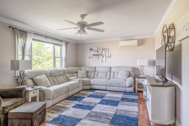 123 Lasalle Dr, Bangor, ME 04401 - living room with a wall unit AC, ceiling fan, and ornamental molding