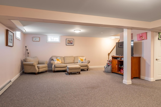 123 Lasalle Dr, Bangor, ME 04401 - living area featuring carpet, a baseboard radiator, and stairway