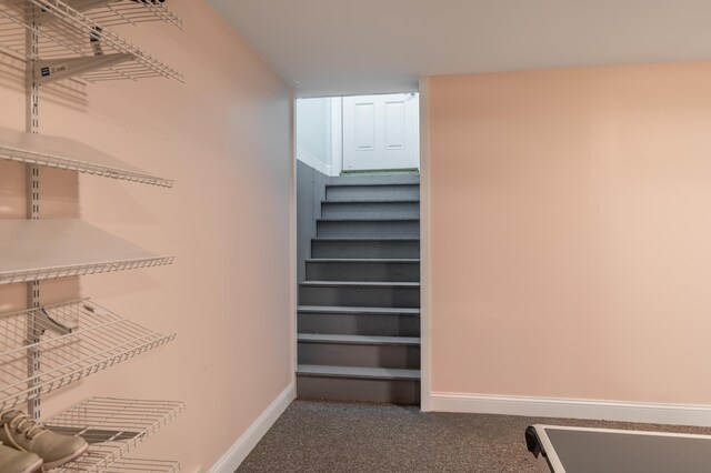123 Lasalle Dr, Bangor, ME 04401 - staircase featuring baseboards and carpet flooring