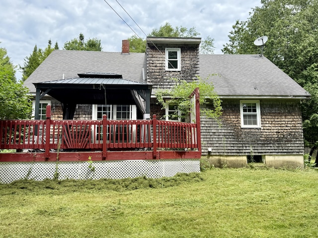 1606 Avenue Rd, Exeter, ME 04435 - back of property featuring a gazebo, a yard, a shingled roof, a wooden deck, and a chimney
