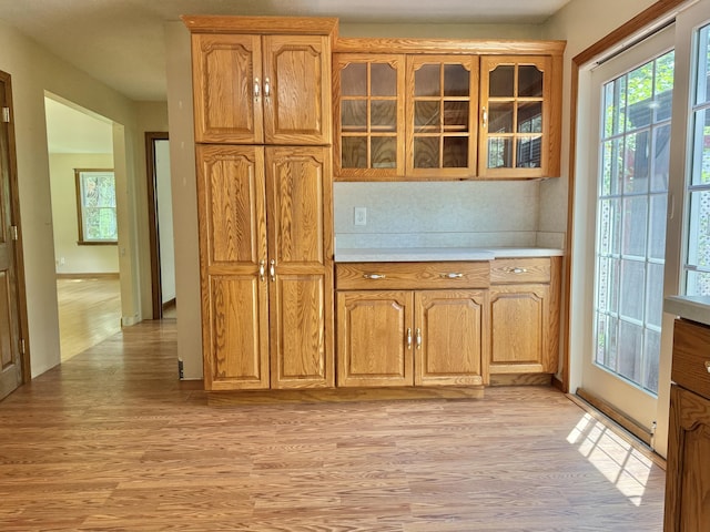 1606 Avenue Rd, Exeter, ME 04435 - kitchen featuring light wood-style floors, healthy amount of natural light, glass insert cabinets, and light countertops