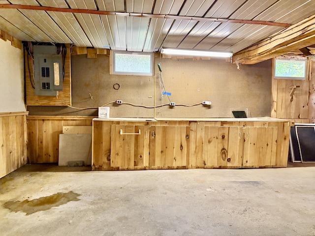 1606 Avenue Rd, Exeter, ME 04435 - miscellaneous room with electric panel, unfinished concrete flooring, plenty of natural light, and wood walls