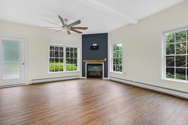 1031 Hallowell Rd, Durham, ME 04222 - unfurnished living room with a baseboard heating unit, baseboard heating, wood finished floors, and a ceiling fan