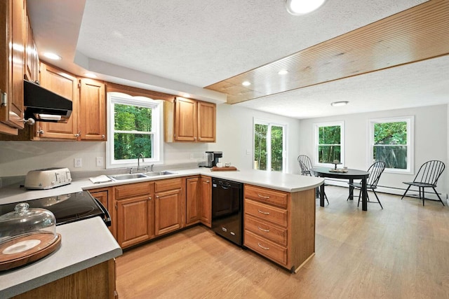 117 Badger Cir, Limerick, ME 04048 - kitchen featuring dishwasher, extractor fan, a peninsula, light wood-style flooring, and a textured ceiling