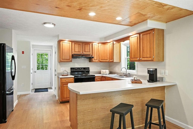 117 Badger Cir, Limerick, ME 04048 - kitchen with black appliances, under cabinet range hood, a peninsula, light wood finished floors, and light countertops