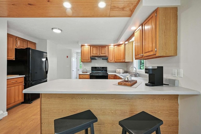 117 Badger Cir, Limerick, ME 04048 - kitchen featuring black appliances, under cabinet range hood, a peninsula, light countertops, and light wood finished floors