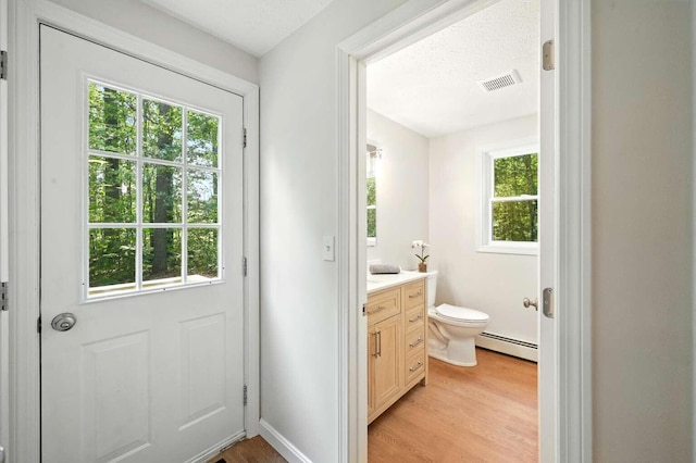 117 Badger Cir, Limerick, ME 04048 - bathroom with baseboard heating, wood finished floors, and plenty of natural light