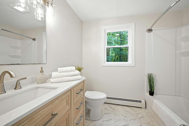 117 Badger Cir, Limerick, ME 04048 - bathroom featuring baseboard heating, marble look tiles, vanity, and shower / bathtub combination
