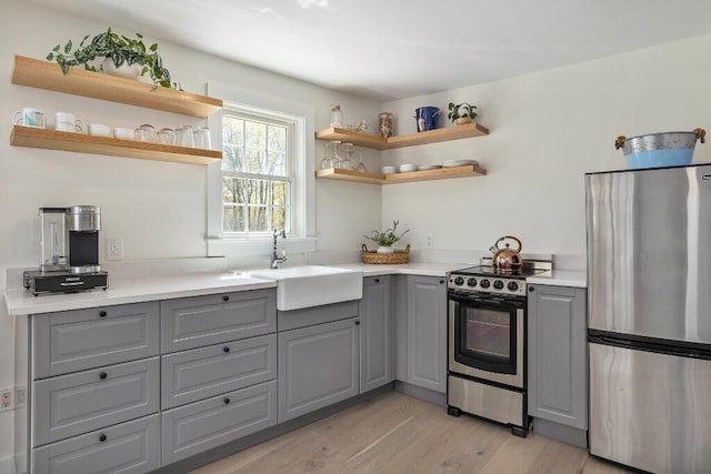 20 Shore Rd Unit 2A, Ogunquit, ME 03907 - kitchen featuring stainless steel appliances, gray cabinets, open shelves, light wood finished floors, and light countertops