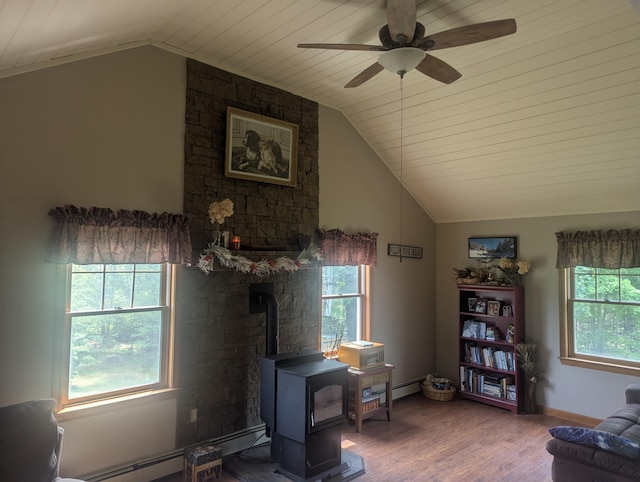 9 Deer Hill Ln, Hampden, ME 04444 - office area with a wood stove, vaulted ceiling, wood finished floors, and ceiling fan