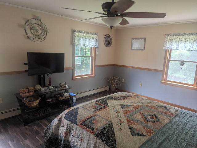 9 Deer Hill Ln, Hampden, ME 04444 - bedroom featuring a baseboard radiator, wood finished floors, crown molding, and ceiling fan