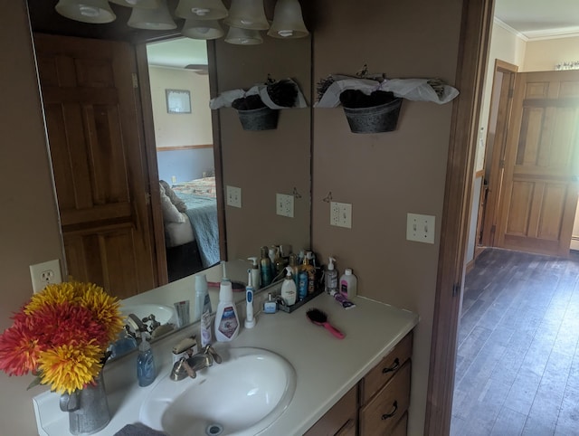 9 Deer Hill Ln, Hampden, ME 04444 - bathroom featuring ensuite bathroom, crown molding, vanity, and wood finished floors