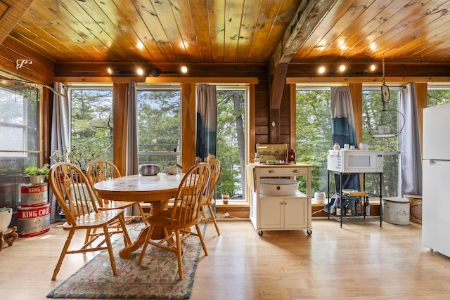 490 Cross Point Rd, Edgecomb, ME 04556 - dining area featuring wooden ceiling, wood finished floors, plenty of natural light, and wooden walls