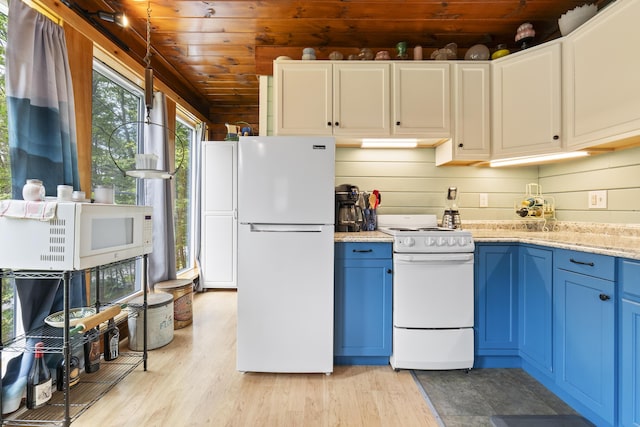 490 Cross Point Rd, Edgecomb, ME 04556 - kitchen featuring white appliances, blue cabinets, wood ceiling, light wood-style floors, and light stone counters