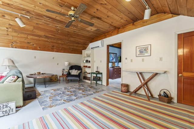 490 Cross Point Rd, Edgecomb, ME 04556 - sitting room with lofted ceiling, wooden ceiling, a wall mounted AC, and ceiling fan