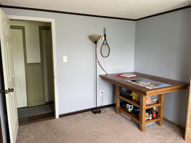 96 N Main St, Milbridge, ME 04658 - bedroom with ornamental molding, a textured ceiling, and light colored carpet