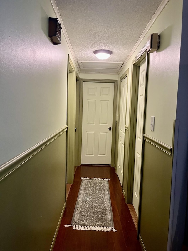 96 N Main St, Milbridge, ME 04658 - hall featuring a textured ceiling, dark wood-style floors, and ornamental molding