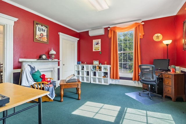20 Winter St, Augusta, ME 04330 - office area with carpet floors, a fireplace, a wall mounted AC, and crown molding