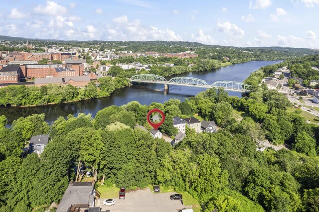 68 Newbury St, Auburn, ME 04210 - aerial view of property and surrounding area featuring a notable bridge and a large body of water