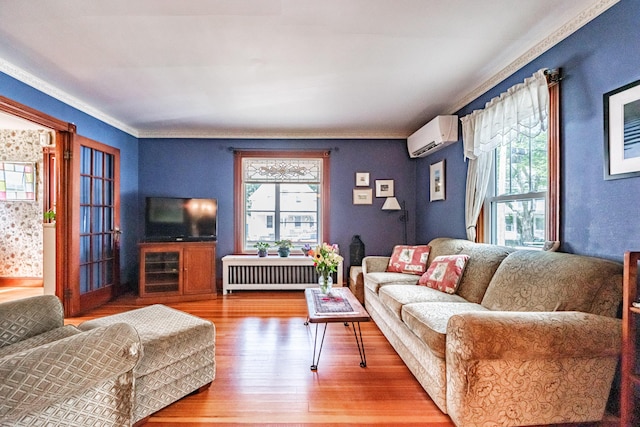 42 Sargent St, Westbrook, ME 04092 - living room featuring radiator heating unit, wood finished floors, plenty of natural light, a wall mounted AC, and crown molding