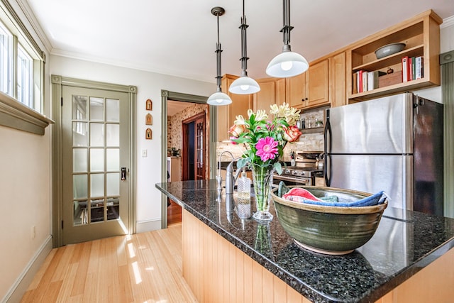 42 Sargent St, Westbrook, ME 04092 - kitchen featuring appliances with stainless steel finishes, light wood-type flooring, open shelves, a center island, and pendant lighting