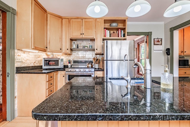 42 Sargent St, Westbrook, ME 04092 - kitchen with open shelves, stainless steel appliances, light brown cabinetry, backsplash, and crown molding