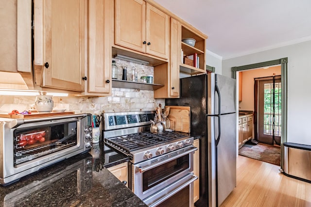 42 Sargent St, Westbrook, ME 04092 - kitchen featuring appliances with stainless steel finishes, light brown cabinets, open shelves, crown molding, and decorative backsplash